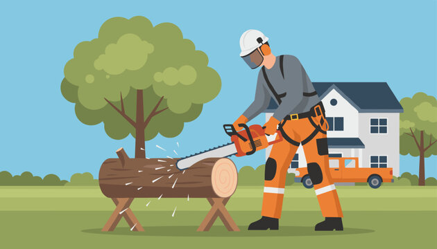Professional logger wearing safety gear while using a powerful chainsaw to cut a wooden log in a residential yard near a suburban house.