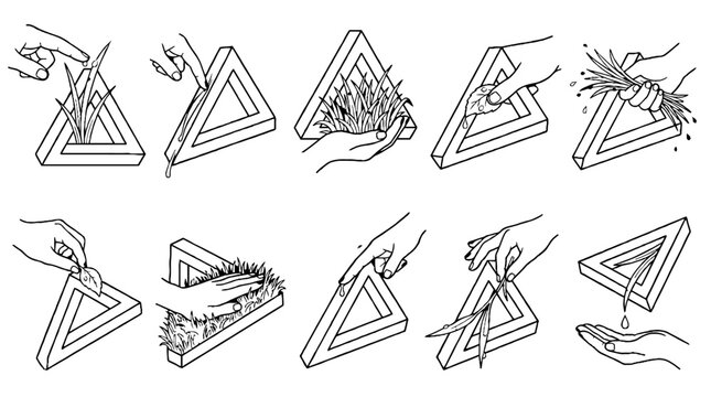 Surreal line art illustration of hands interacting with impossible triangle shapes and natural elements.