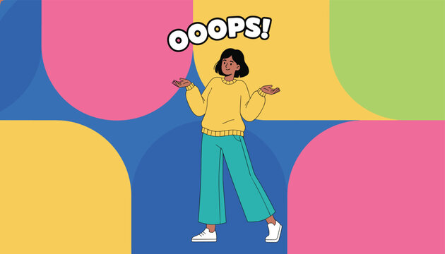 Young woman shrugging her shoulders with a confused expression and speech bubble saying oops over a bright multicolored abstract background.