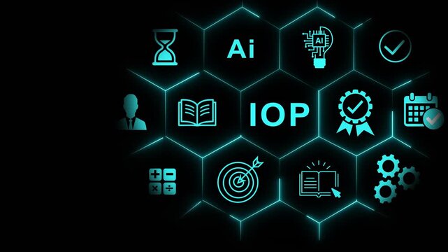 Digital iop intensive outpatient program concept with glowing hexagonal and ai technology symbols for healthcare and mental health infographics