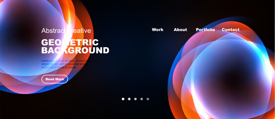 Naklejka premium Abstract geometric background design. Vibrant colors, flowing shapes, dark space. Website header with navigation options present.