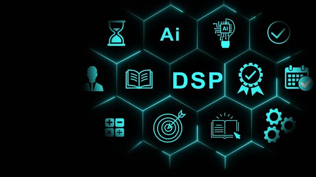 Dsp digital signal processing concept with ai technology and business in glowing hexagonal network interface for modern tech presentations
