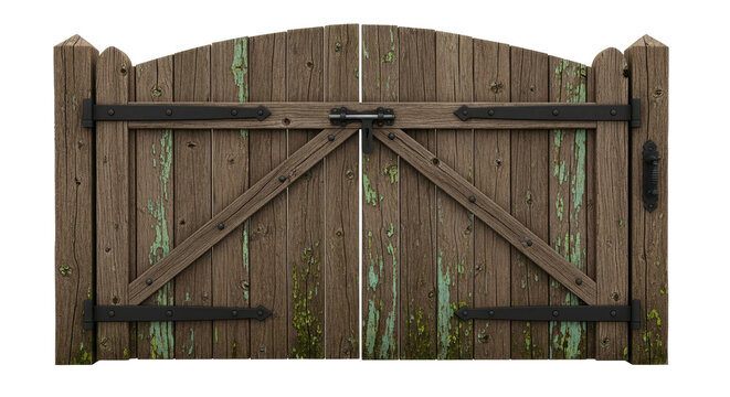 A weathered wooden gate stands before the viewer. The gate features two large, pivoting doors secured with black metal hinges and straps.