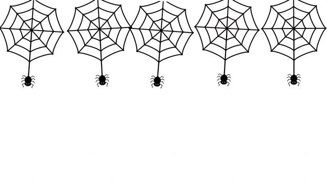 Seamless Spider Web Border Pattern with Hanging Cartoon Spiders for Halloween Decoration and Festive Background Animation