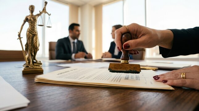 Legal contract review and approval with a judge's statue in the background representing justice and law