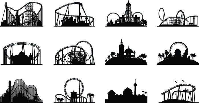 Amusement Park Silhouette Collection with Roller Coasters and Theme Park Skyline Isolated on White Background Vector Set