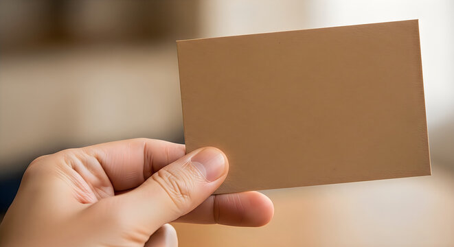 Close up shot of human hand holding blank beige business card against blurred wall.