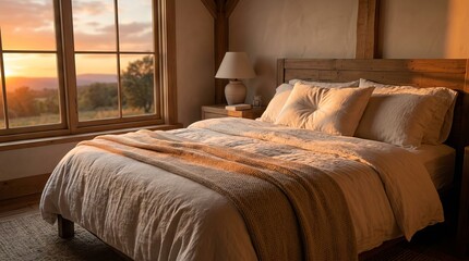 Obraz premium Cozy Bedroom Interior with Sunset View from Window.
