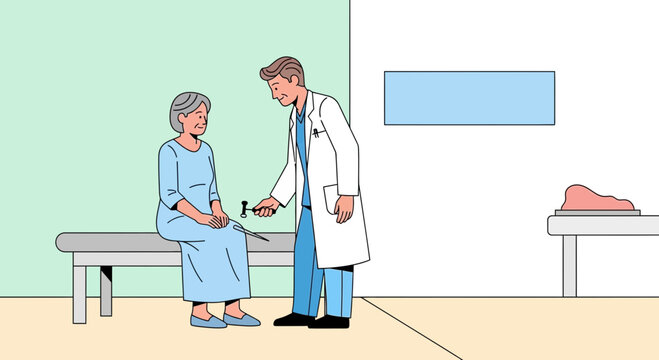 Doctor examining elderly woman's knee reflex with reflex hammer in clinic