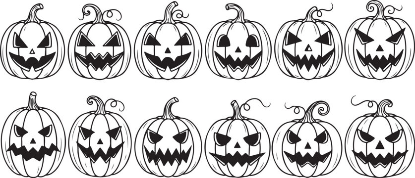 12 Halloween pumpkin icons set. Vintage funny pumpkins isolated on white background. Monsters faces. Design elements for logo, badges, banners, labels, posters. Vector illustration