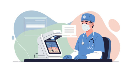 Fototapeta premium Doctor using advanced skin analysis device for dermatology clinic, medical technology illustration