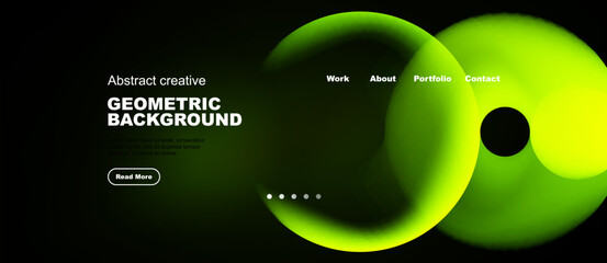 Naklejka premium Dark background features vibrant green geometric shapes. Text promotes abstract creative design, offering links to work, about, portfolio, contact.