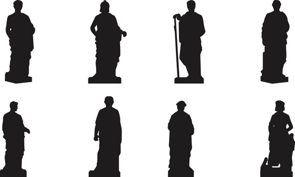 Classical Sculpture Silhouette Collection with Eight Ancient Greek and Roman Marble Statue Figures Isolated on White Background
