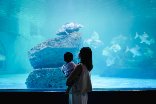 Asian mother holding her baby boy, watching big fish swimming in a giant aquarium tank.
