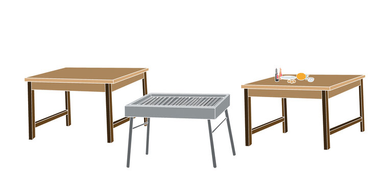 Illustration of two wooden tables and a portable hibachi grill with a cooking grate