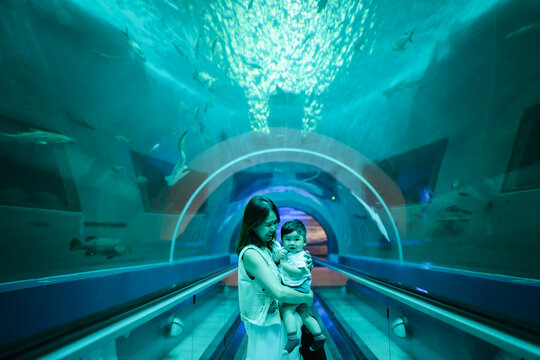 Asian mother holding her baby boy, watching big fish swimming in a giant aquarium tank.