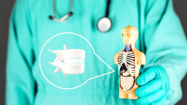 The doctor presents an anatomical model next to a herniated disc. Concept of spinal health, trauma care, nerve compression, lumbar biomechanics, and prevention of chronic sciatic pain.