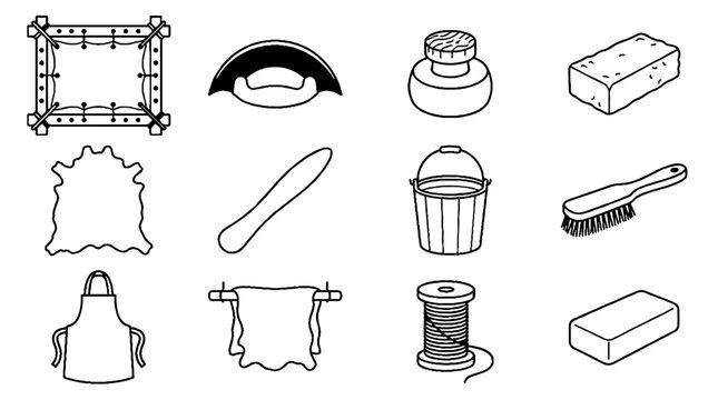 Collection of traditional leather tanning and craft workshop tools icons in line art style.
