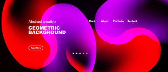 Obraz premium Vibrant abstract design. Fluid shapes blend red, purple hues. Website header includes navigation, call to action button. Modern aesthetic.