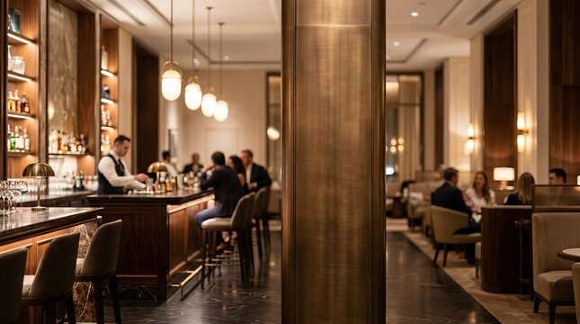 Luxury hotel bar interior with elegant lighting and patrons.