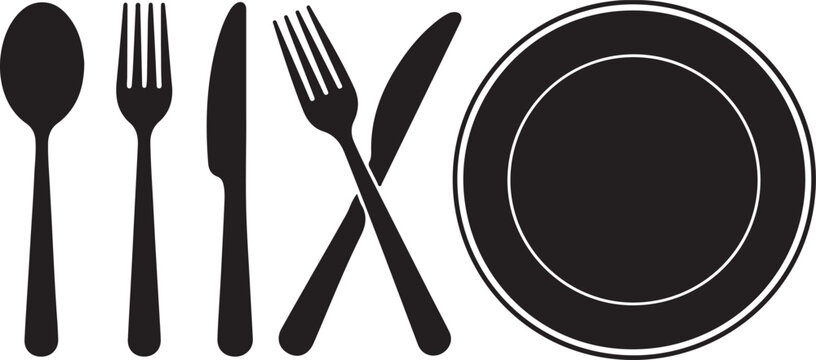 Black silhouettes of cutlery and plate on white background