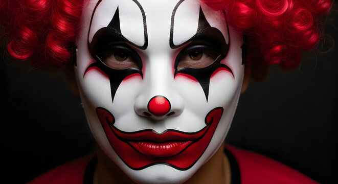 Dramatic portrait of person wearing scary clown mask with red hair background.