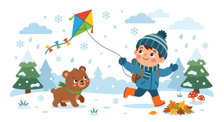 A young boy wearing winter clothes runs through a snowy forest while flying a kite, accompanied by a small bear cub wearing a green scarf. © Rayi