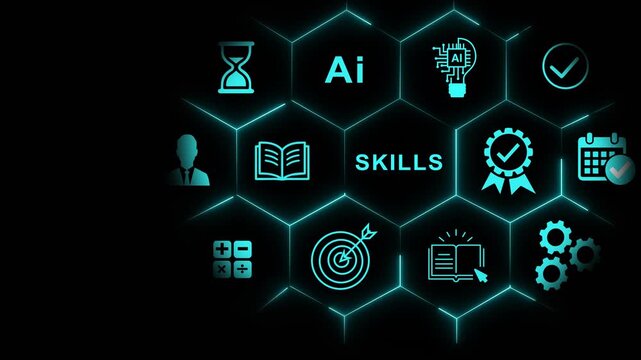 Ai skills development and digital learning concept: futuristic hexagonal interface with training and technology infographic