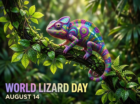 Colorful artistic chameleon sitting on a tree branch celebrating world lizard day in lush green forest