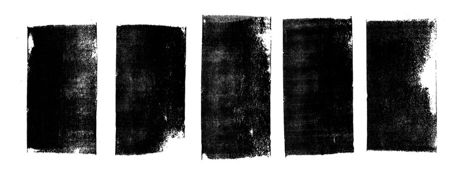 Set of vertical rolled ink rubber stamp black texture with brayer. Square shape of. letter press grunge vintage rough . Linocut irregular relief printing  brush illustration on transparent background