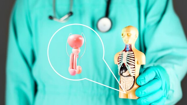 The doctor presents an anatomical model of the male reproductive system. Concept of men's health, urological care, reproductive health, fertility, and prostate cancer prevention.