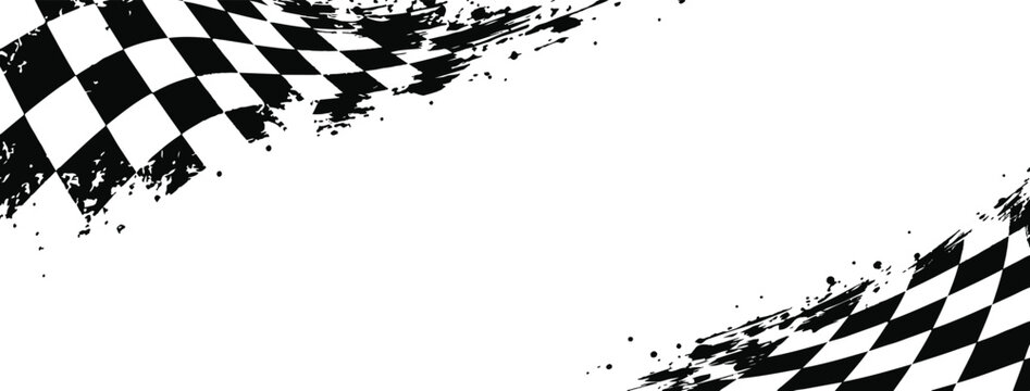 Grunge Racing Checkered Flag Waving Corner Vector Background with Ink Splatter