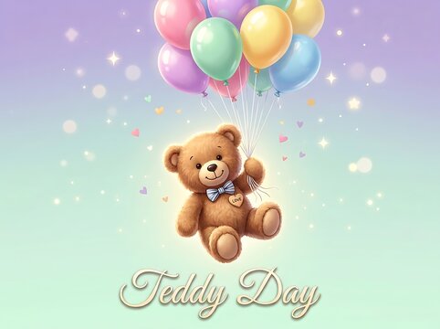 Cute brown teddy bear holding colorful balloons floating in whimsical sky for teddy day celebration