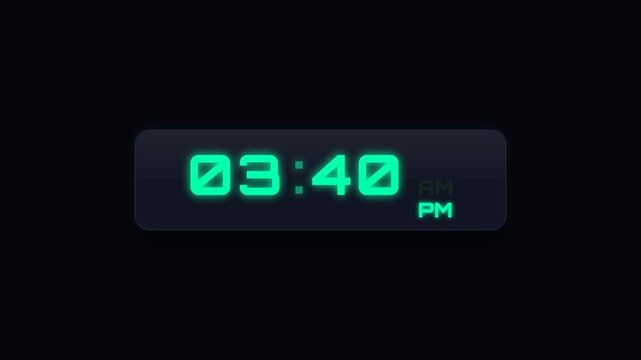 Digital clock interface showing time with green neon numbers