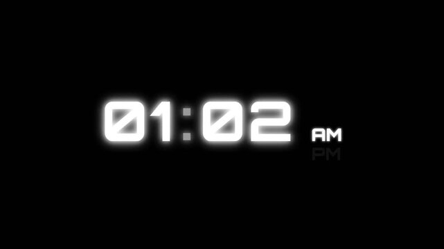 Digital clock ticking through 1 am midnight time with white glow