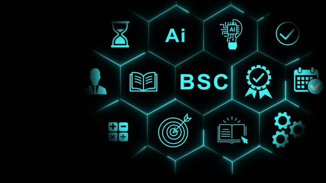 Bsc degree concept with digital hexagon network background, academic achievement and artificial intelligence technology infographic motion