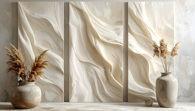 Minimalist Cream Textured Triptych Wall Art with Dried Pampas Grass