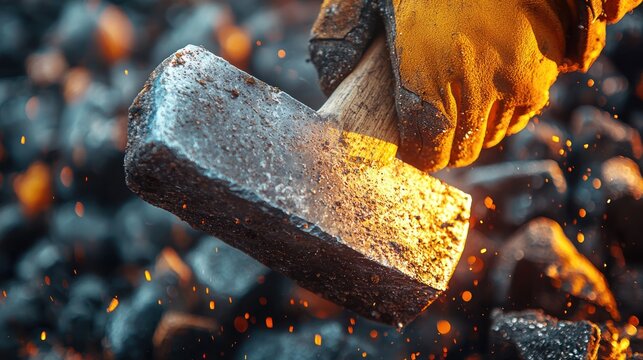 Close-up shot of a gloved hand swinging a heavy hammer, sparks flying, striking dark rocks