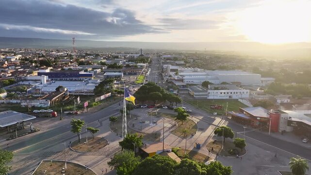 Padre Cicero Avenue In Juazeiro Do Norte Ceara Brazil. Capturing The Hustle And Bustle Of A Vibrant City From Above. Building Industrial Skyline Bird View Awesome. Sunset. Juazeiro do Norte Ceara.