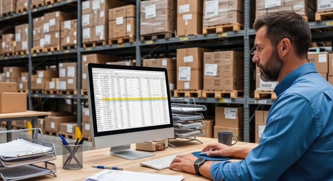 A man is intently focused on a computer screen in a large warehouse. He is reviewing data on a spreadsheet, likely managing inventory or logistics.