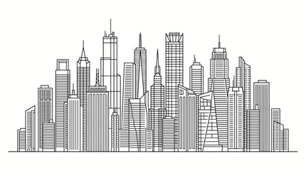 Fototapeta premium Modern city skyline silhouette with diverse skyscrapers. Vector sketch illustration. Isolated on a white background