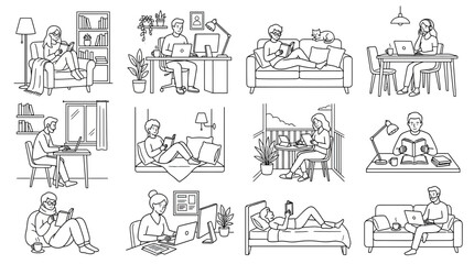 Obraz premium Diverse People Reading and Working on Devices, Lifestyle Illustrations
