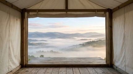 Fototapeta premium Stunning Morning View From A Luxury Glamping Tent Overlooking Misty Mountains.