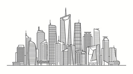 Fototapeta premium Modern city skyline drawing with modern office towers. Vector sketch illustration.