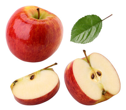 Envy Apple with leaves, half and slice isolated, transparent PNG, PNG format, set