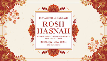 A festive Rosh Hashanah greeting card featuring floral borders and traditional Jewish New Year greetings. © Uchiha