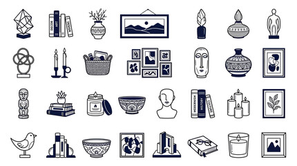 Collection of Home Decor Icons: Vases, Books, Art, Sculptures, Candles © siti