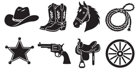 Obraz premium Cowboy Icons silhouette, western lifestyle set, vector isolated on white