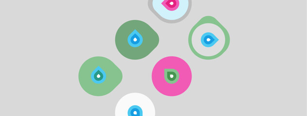 Fototapeta premium Abstract design features colorful circles, droplets. Soft gray background provides neutral canvas for shapes, patterns. Minimalist aesthetic.