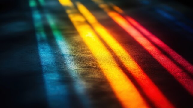Vibrant abstract background featuring colorful parallel light beams casting dynamic shadows on textured dark surface